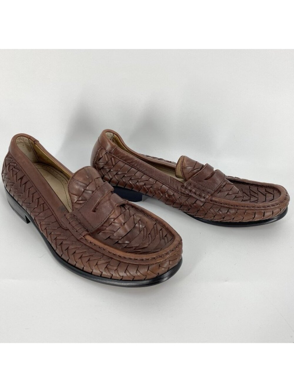 Domani Brown Leather Woven Penny Loafers Johnston Murphy Mens 8M